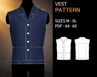 Mens Utility Waistcoat Sewing Pattern 6139 | Button-Front, Notched Collar, Epaulettes | Sizes M - XL, PDF A4 & A0