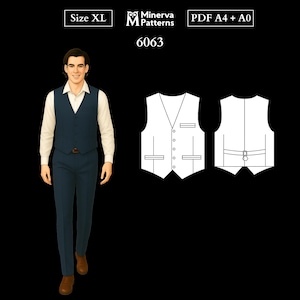 Naaipatroon heren 6063 | Single-breasted gilet met dubbele paspelzakken en strikband achter | Maat XL als pdf, A4 en A0