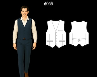 Molde de Costura Masculino 6063 | Colete de Abotoamento Simples com Bolsos Duplos Embutidos e Amarração Traseira | Tamanho XL em PDF A4 e A0