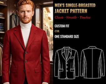 Może przedstawiać: Wykrój marynarki jednorzędowej z tekstem MADE TO MEASURE, MEN'S SINGLE-BREASTED JACKET PATTERN, Classic, Versatile, Timeless, CUSTOM FIT OR ONE STANDARD SIZE, przedstawiający czerwoną marynarkę i biały golf.