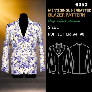 Patrón de costura para blazer de hombre de un solo botón 6052 / Sastrería clásica, bolsillos de parche / Talla L, patrón de costura en PDF tamaño carta estadounidense, A4 y A0