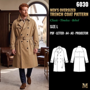 Peut inclure: Un patron de trench-coat oversize 6030, taille L, présentant un manteau beige à double boutonnage avec ceinture, revers et boutons. Inclut des formats PDF, Letter, A4, A0 et projecteur avec des dessins techniques de face et de dos.