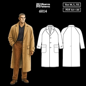 Mens Sewing Pattern 6014 | Single-Breasted Coat with Raglan Sleeves and Patch Pockets | Sizes M, L, XL in Separate Files | PDF A4 & A0