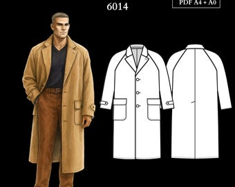 Herren Schnittmuster 6014 | Einreihiger Mantel mit Raglanärmeln und aufgesetzten Taschen | Größen M, L, XL in Separaten Dateien | PDF A4 & A0