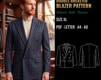 Mens Double Breasted Blazer Sewing Pattern | Suit Jacket with Notched Lapels and Flap Pockets | Size XL | PDF A4, A0 & US Letter | 6020
