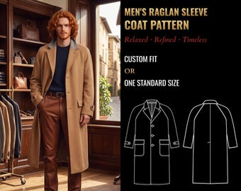 Puede incluir: Un patrón de abrigo de color tostado con mangas raglán que incluye el texto MADE TO MEASURE, MEN'S RAGLAN SLEEVE COAT PATTERN, Relaxed · Refined · Timeless, CUSTOM FIT OR ONE STANDARD SIZE y un dibujo lineal blanco del frente y la espalda.