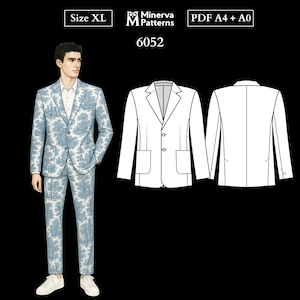 Modello di cucito da uomo 6052 / Giacca monopetto con tasche applicate e doppi spacchi posteriori / Taglia XL in PDF A4 e A0