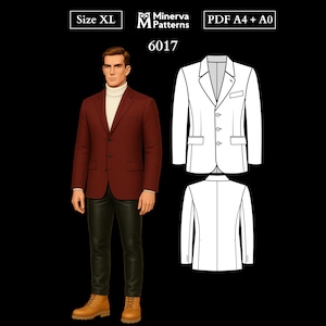 メンズ裁縫パターン 6017 | フラップポケットとダブルバックベンツ付きシングルブレストブレザー | PDF A4 & A0 XLサイズ