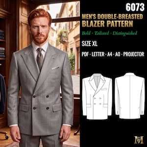 Può includere: Un cartamodello per blazer doppiopetto, etichettato 6073, taglia XL. L'immagine mostra un blazer grigio, un disegno tecnico del davanti e del dietro del capo e il testo che include PDF, LETTER, A4, A0 e PROJECTOR.