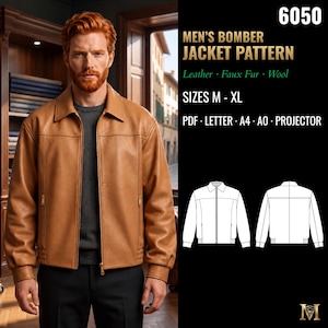 Puede incluir: Una chaqueta bomber de cuero color canela con cuello, mangas largas y bolsillos con cremallera. El texto dice 6050 MEN'S BOMBER JACKET PATTERN, Leather, Faux Fur, Wool, SIZES M - XL, PDF, LETTER, A4, A0, PROJECTOR, con un dibujo lineal.
