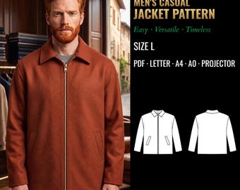 May include: A digital sewing pattern for a casual jacket, labeled 6006, size L. The image displays a rust-colored jacket with a collar, front zipper, and two side pockets, alongside a technical line drawing showing front and back views.