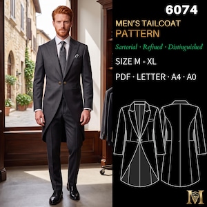 Mens Sewing Pattern 6074 | Two-Button Tailcoat with Notched Lapel and Cutaway Front | Sizes M, L, XL in Separate Files | PDF Letter, A4 & A0