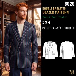 Molde para Blazer Masculino de Abotoamento Duplo | Paletó com Lapelas Entalhadas | Tamanho GG | PDF A4, A0, Carta (EUA) e Projetor | 6020