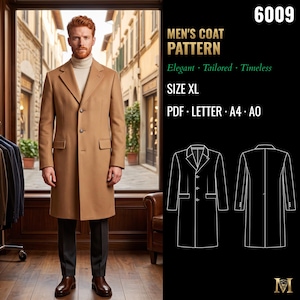 Mens Overcoat Sewing Pattern | Single-Breasted Coat with Notched Lapels | Size XL | PDF A4, A0 & US Letter | 6009