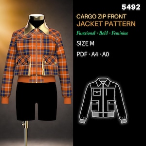 Womens Sewing Pattern 5492 | Cargo Utility Zip-Front Jacket with Patch Pockets | Size M, PDF A4 & A0