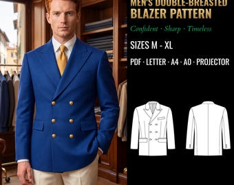 May include: A sewing pattern for a double-breasted blazer, labeled 6021, featuring a blue blazer with gold buttons, a white shirt, and a yellow tie. The text includes SIZES M - XL, PDF, LETTER, A4, A0, PROJECTOR, and line drawings of the blazer.