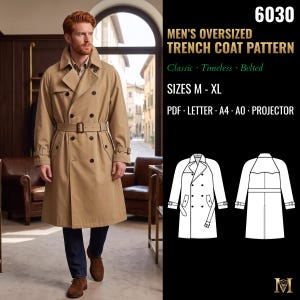 Mens Oversized Trench Coat Sewing Pattern | Raglan Trench with Storm Flaps | Sizes M, L, XL | PDF Letter, A4, A0 & Projector | 6030