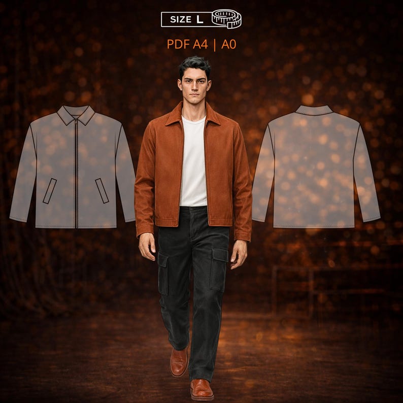 Mens sewing pattern 6006 for a casual jacket with zip front and slanted pockets in PDF, DXF AAMA and PLT formats by Minerva Patterns