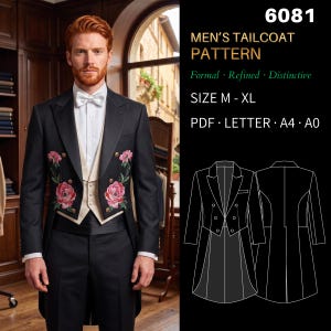 Patrón de costura para hombre 6081 / Frac de botonadura sencilla con doble botón frontal / Tallas M, L, XL en archivos separados / PDF LETTER, A4 y A0