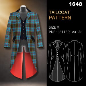 May include: A plaid tailcoat pattern in blue, green, and brown, size M, with a black vest and red lining. The image includes a diagram of the coat and the text "TAILCOAT PATTERN".