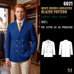 Puede incluir: Un patrón de costura para blazer de doble botonadura, etiquetado 6021, talla L. La imagen muestra un blazer azul con botones dorados, camisa blanca y corbata amarilla, junto a dibujos técnicos de línea del frente y la espalda del blazer.