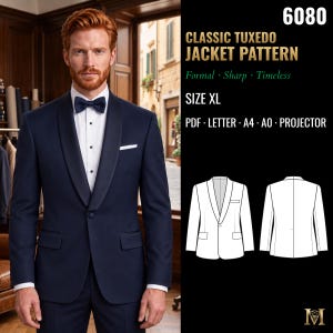 Puede incluir: Un patrón de costura para una chaqueta de esmoquin clásica, etiquetado 6080, talla XL. La imagen muestra una chaqueta de esmoquin azul marino con solapa de chal, camisa blanca y pajarita oscura, junto a un dibujo técnico de frente y espalda.