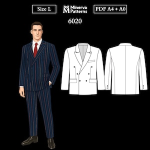 Mens Sewing Pattern 6020 | Double-Breasted Blazer with Notched Lapels and Flap Welt Pockets | Size L in PDF A4 & A0