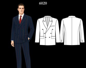 Mens Sewing Pattern 6020 | Double-Breasted Blazer with Notched Lapels and Flap Welt Pockets | Size L in PDF A4 & A0