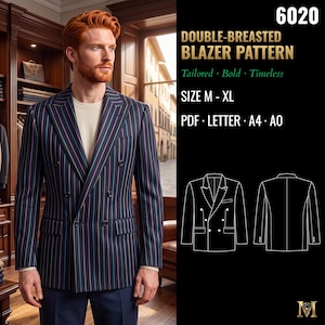 Mens Sewing Pattern 6020 | Double-Breasted Blazer | Sizes M, L, XL in Separate Files | PDF Letter, A4 & A0