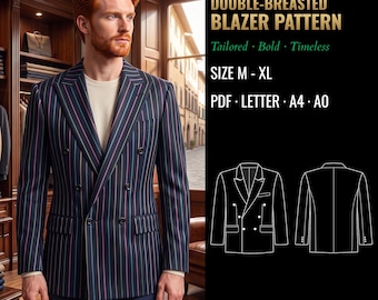 Mens Sewing Pattern 6020 | Double-Breasted Blazer | Sizes M, L, XL in Separate Files | PDF Letter, A4 & A0