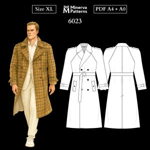 Mens Sewing Pattern 6023 | Classic Double-Breasted Trench Coat with Faux Fur Upper Collar and Lining | Size XL in PDF A4 & A0