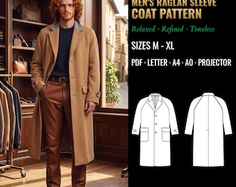 Puede incluir: Un patrón de costura para abrigo con mangas raglán, etiquetado 6014, que muestra un abrigo color canela con cuello gris, camisa azul oscuro y pantalones marrones. Incluye dibujos técnicos del abrigo, tallas M-XL y formatos PDF, Letter, A4, A0 y proyector.