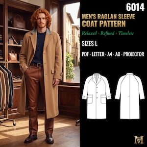 Mens Raglan Coat Sewing Pattern | Single-Breasted Overcoat with Patch Pockets | Size L | PDF Letter, A4, A0, Projector | 6014