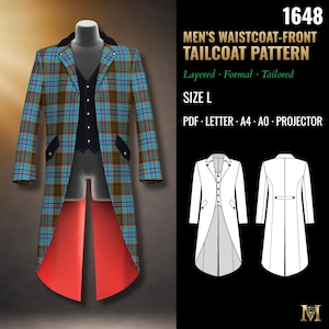 Mens Tailcoat Sewing Pattern | Tailcoat with Integrated Waistcoat | Size L | PDF A4, A0 & US Letter | 1648