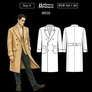 Modello di cucito da uomo 6016 / Cappotto doppiopetto con tasche applicate e risvolti sulle maniche / Taglia L in PDF A4 e A0