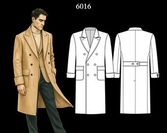 Men’s Sewing Pattern 6016 | Double-Breasted Coat with Patch Pockets and Sleeve Turn Ups | Size L in PDF A4 & A0