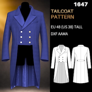 Puede incluir: Un patrón de frac azul con botones dorados. El abrigo cruzado tiene una espalda larga y dividida. El texto en la imagen dice "TAILCOAT PATTERN" y "EU 48 (US 38) TALL".