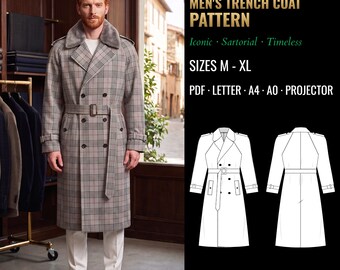 Puede incluir: Una gabardina de doble botonadura con estampado de cuadros grises, cuello de piel gris y cinturón a juego. La imagen incluye el texto: 6023, MEN'S TRENCH COAT PATTERN, Iconic, Sartorial, Timeless, SIZES M - XL, PDF, LETTER, A4, A0, PROJECTOR.