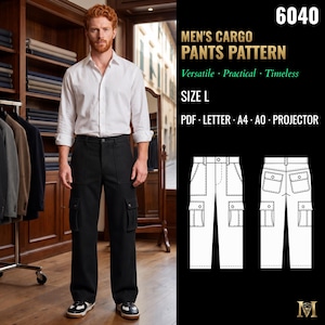 May include: A sewing pattern for cargo trousers labelled 6040, size L. The image displays a technical line drawing of the front and back of the trousers, alongside text indicating PDF, Letter, A4, A0, and projector file formats are included.