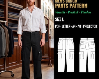 May include: A sewing pattern for cargo pants labeled 6040, size L. The image displays a technical line drawing of the front and back of the pants, alongside text indicating PDF, Letter, A4, A0, and projector file formats are included.