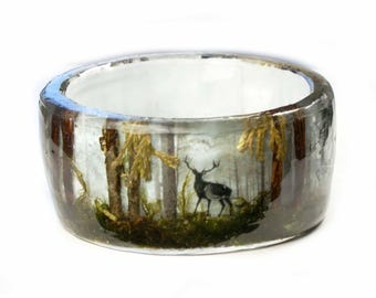 Deer in the Woods Bracelet- Forest Jewelry -Real Flower Jewelry-  Forest Jewelry - Flower Jewelry- Resin Jewelry- Flower Bangle
