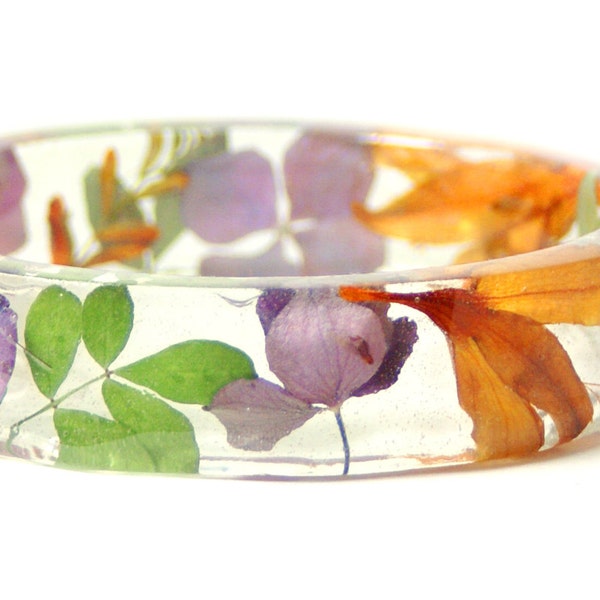 Real Flower Jewelry- Resin Flower Bangle- Resin Flower Jewelry-Orange Bangle- Purple Bracelet- Real Dried Flowers