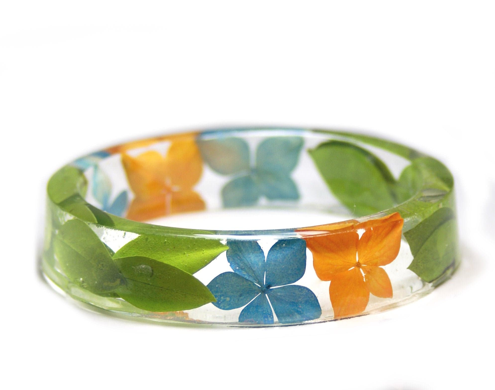 Flower Resin Bangle, botanical resin bracelet, yellow and green