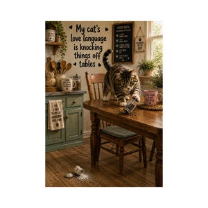 Puede incluir: Un gato atigrado marrón está sobre una mesa de comedor de madera, empujando un salero de cristal hacia el borde. La pared tiene el texto negro, My cat's love language is knocking things off tables, junto a un letrero y una placa de gato.