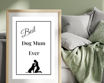 Dog Mum Silhouette Art Print, Black and White Pet Lover Wall Art (Digital Download)