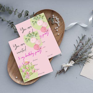 Editable Birthday Invitation: Balloons & Flowers, pink theme (PDF Downloadable Template)
