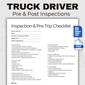 Peut inclure: Une liste de contrôle sur papier blanc intitulée "Truck Driver Pre & Post Inspections" avec un formulaire d'inspection détaillé. Le formulaire comprend des sections pour l'extérieur du véhicule, les fluides du moteur, les freins, l'équipement de sécurité et les contrôles en cabine.