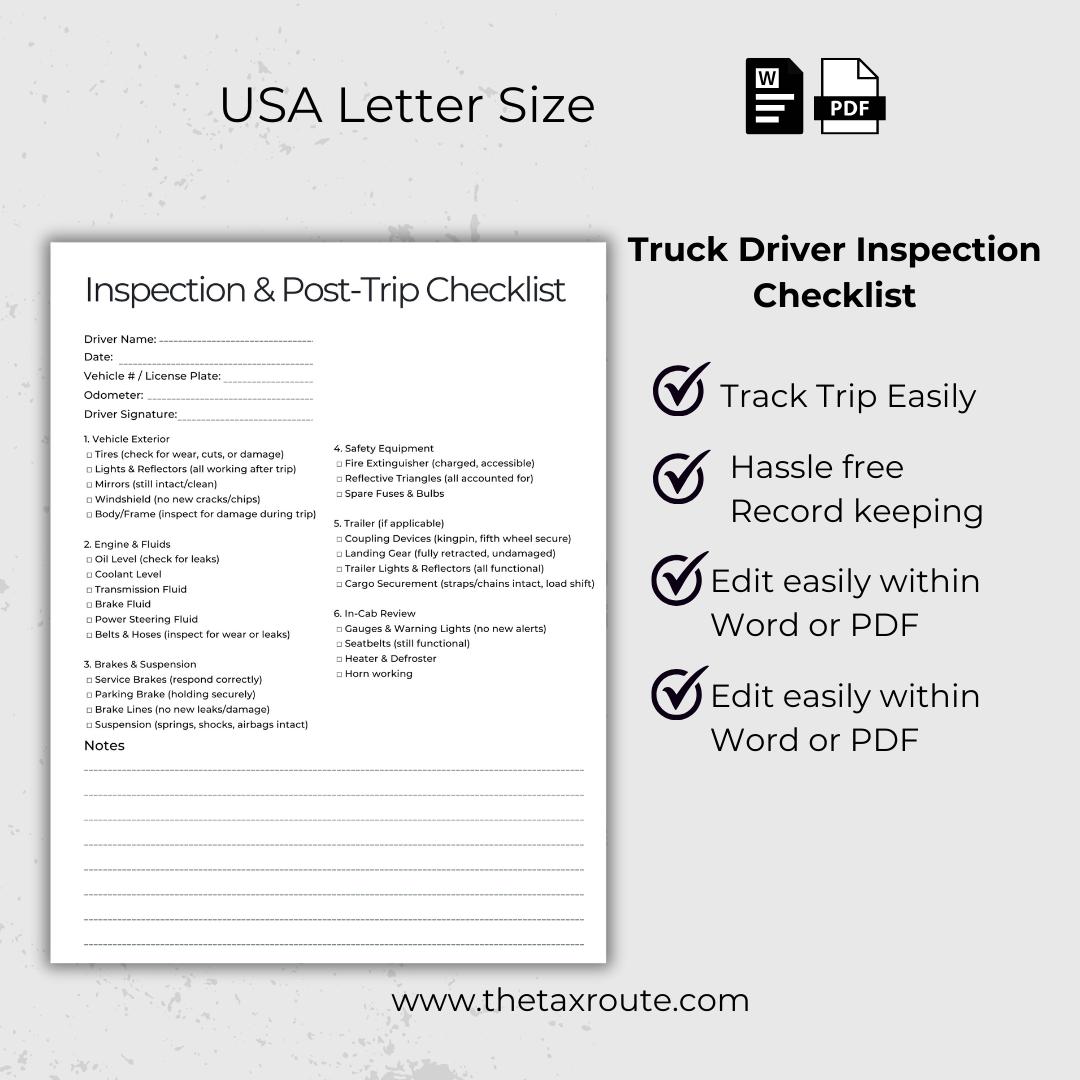Truck Driver Inspection Checklist Pre and Post Trip Log Editable PDF ...