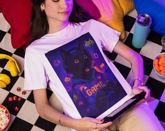 Funny Black Cat Gamer T-Shirt, Retro Video Game Style