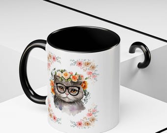 Grijze kat koffiemok: Geeky Goddess Accent Cup - cadeau kattenliefhebber
